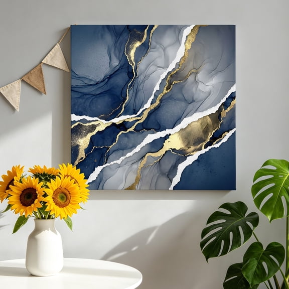 Abstract Canvas Wall Art, Blue Ink Gold Foiling Ocean Waves Luxury Framed Canvas Wall Decor Picture Print Artwork Decorations for Living Room Office Ready to Hang 8" x 8"