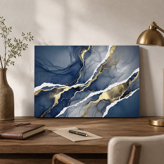 Abstract Canvas Wall Art, Blue Ink Gold Foiling Ocean Waves Luxury Wall Art Prints Artwork Framed Canvas Ready to Hang Art Pictures for Bathroom Nightstand, Narrow Hallway 14" x 11"