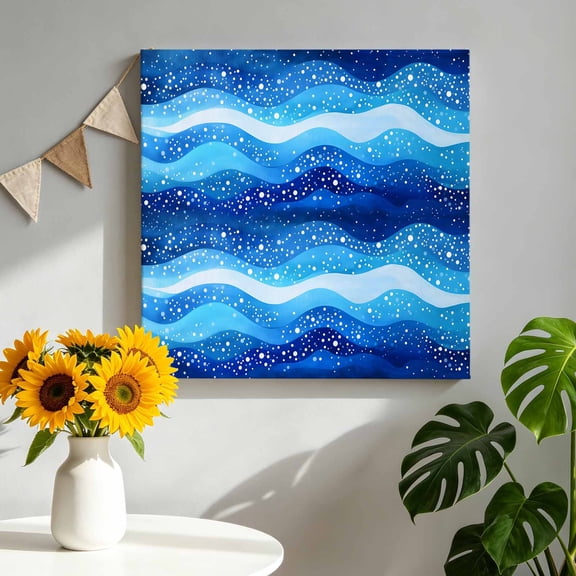 Abstract Canvas Wall Art, Blue Watercolor Wave Point Framed Canvas Wall Decor Picture Print Artwork Decorations for Living Room Office Ready to Hang 16" x 16"