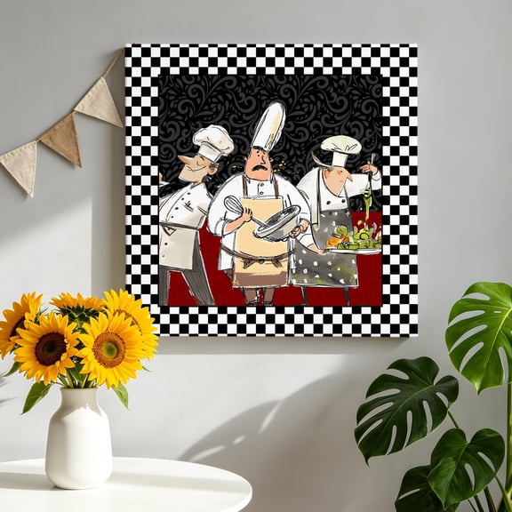 Abstract Canvas Wall Art, Cartoon Style Chef Black and White Checkered Border Framed Canvas Wall Decor Picture Print Artwork Decorations for Living Room Office Ready to Hang 8" x 8"