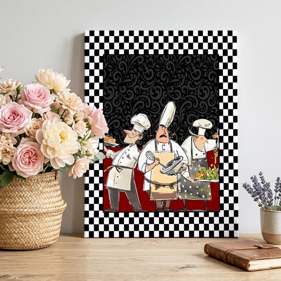 Abstract Canvas Wall Art, Cartoon Style Chef Black and White Checkered Border Framed Canvas Wall Decor Picture Print Artwork Decorations for Living Room Office Ready to Hang 18" x 12"