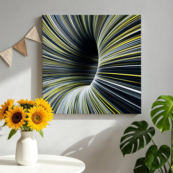 Abstract Canvas Wall Art, Lemon Yellow White Linear Warp Optical Tunnel Concentric Line Framed Canvas Wall Decor Picture Print Artwork Decorations for Living Room Office Ready to Hang 8" x 8"