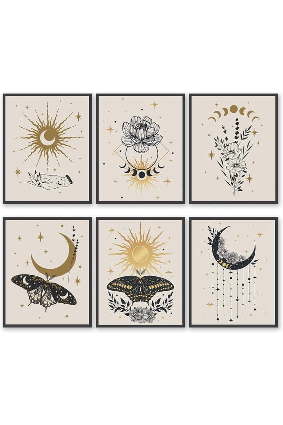 Abstract Canvas Wall Art Prints, Boho Golden Colors Esoteric Alchemy Mystical Magic Posters with FRAME, Crescent, Sun, Stars, Floral Elements, Moth, Occultism Wall Decor 8x10 Inches Unframed