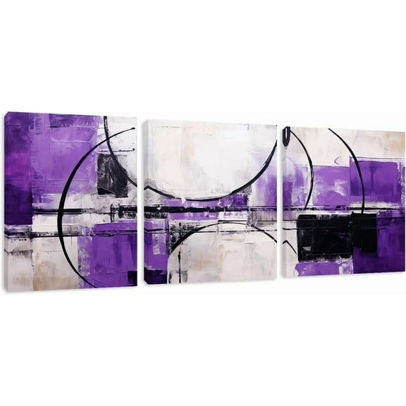 Abstract Canvas Wall Art, Purple Circles and Black Lines Paintings Prints Abstract Geometry Framed Pictures Posters for Living Room Bedroom Decor Set of 3(Artwork-01, 12"x16"x3P)