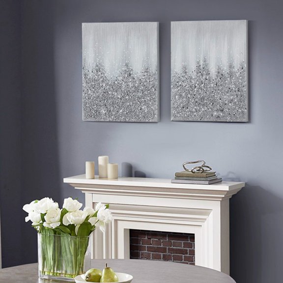 Abstract Canvas Wall Art Set, 2 Pieces, 22"W X 28"H, Hand-Brushed, Glitter Finish, D-Ring Hangers