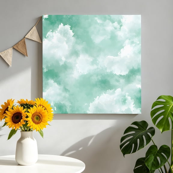 Abstract Canvas Wall Art, Watercolor Green Gradient Clouds Sky Framed Canvas Wall Decor Picture Print Artwork Decorations for Living Room Office Ready to Hang 16" x 16"
