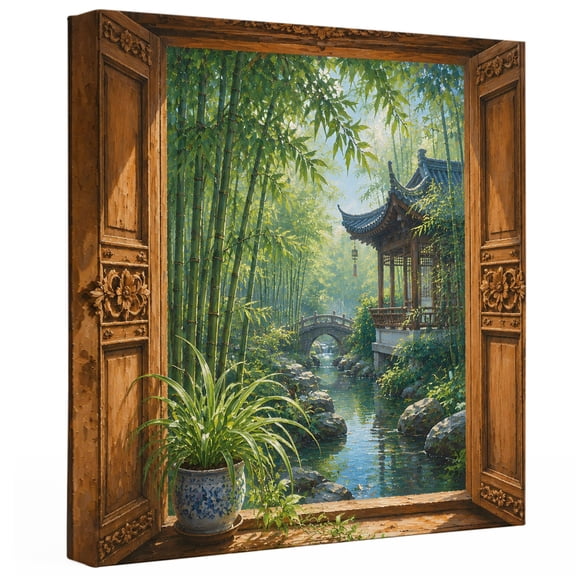 Abstract Canvas Wall Art, print in USA Open-window Landscape Oriental Pavilion Canvas Art Prints Decor Canvas Painting Prints Artwork Wooden Framed for Living Room Bathroom Bedroom Decoration