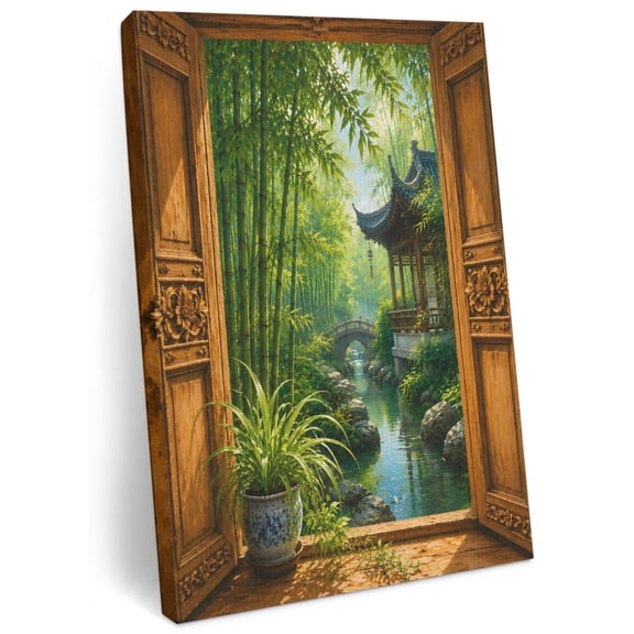 Abstract Canvas Wall Art, print in USA Open-window Landscape Oriental Pavilion Canvas Art Prints Decor Canvas Painting Prints Artwork Wooden Framed for Living Room Bathroom Bedroom Decoration