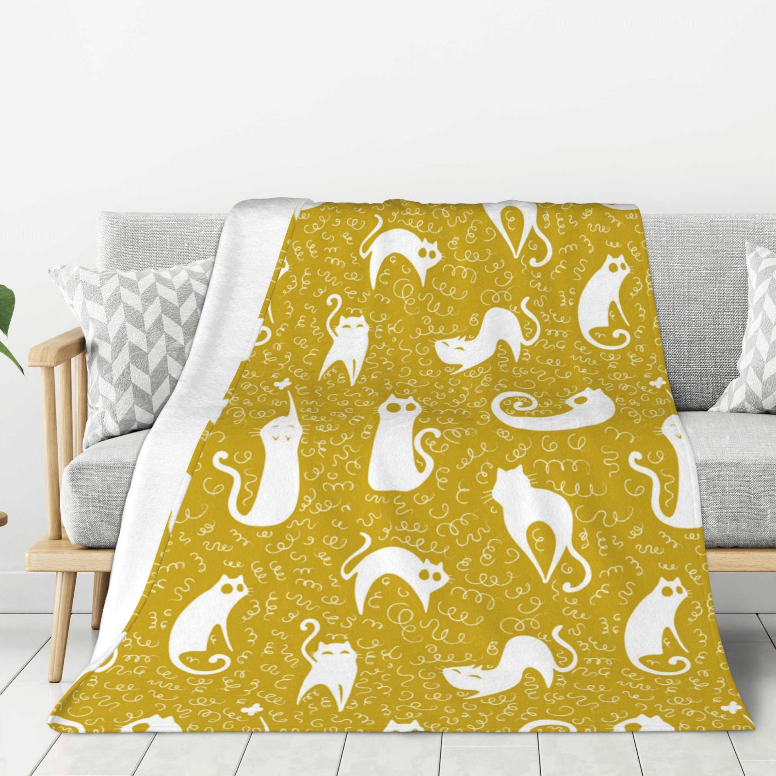 Abstract Cartoon Cat Yellow Throw Blanket, Super Soft Cozy Plush Throw