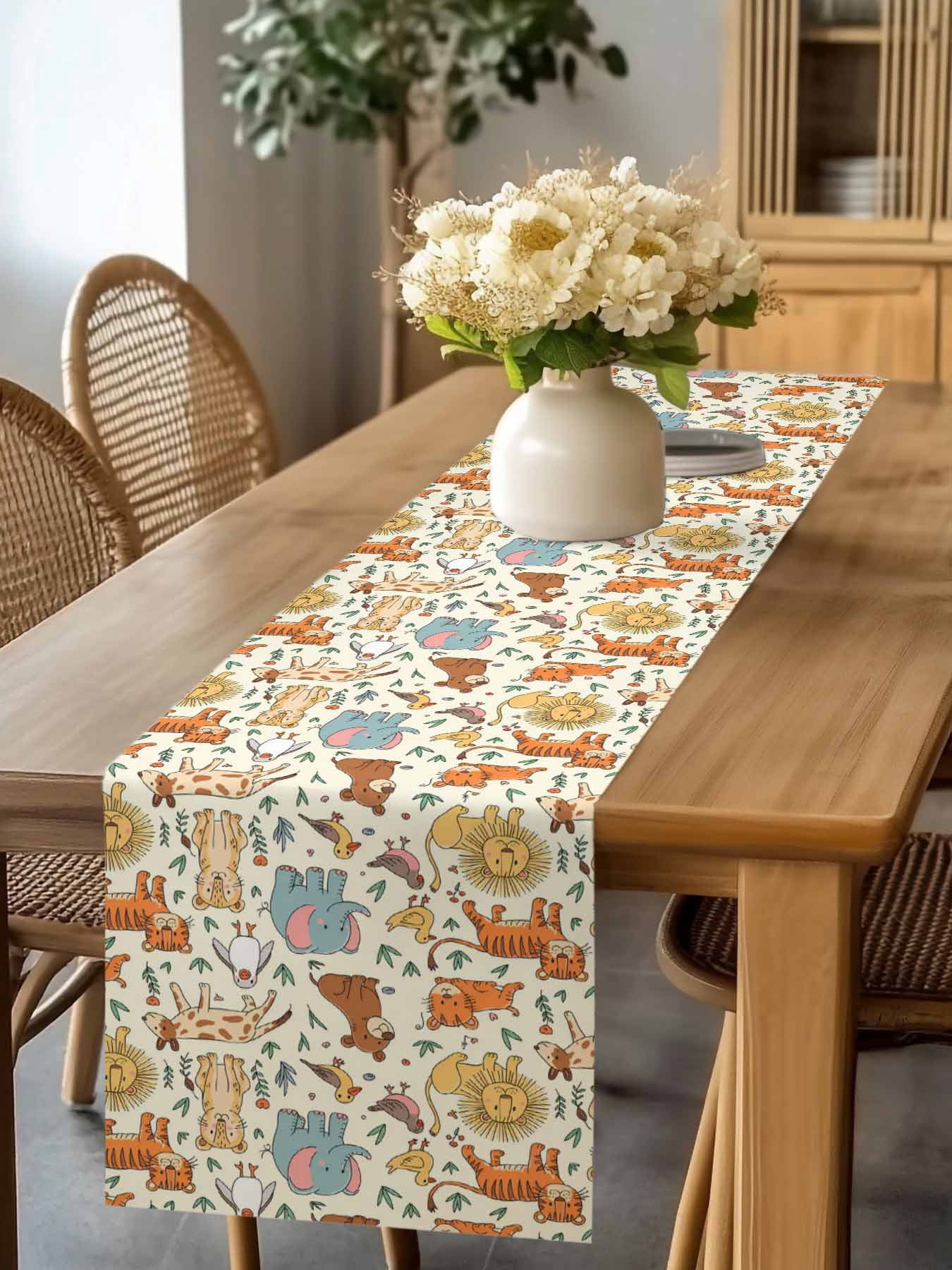 Abstract Cartoon Elephant Tiger Lion Cat Bear Table Runner 90 Inches ...