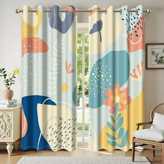 Abstract Cartoon Floral Printed Pattern Colorful Curtains Blackout Thermal Insulated Grommet Window Drapes For Girls Bedroom Living Room Decoration 42"W x 84"L (Pack of 2)