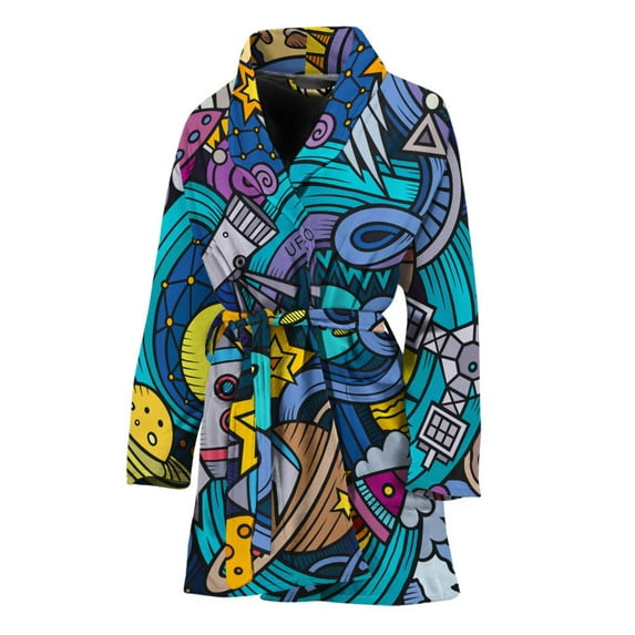 Abstract Cartoon Galaxy Space Women Bathrobe One Size Univeral Fits, Abstract Fashion Lightweight Plush Fleece Long Robe For Women
