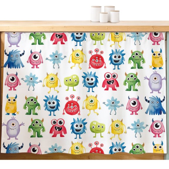 Abstract Cartoon Monsters Cabinet Curtain 28"w x 35"L Sink Skirt,Seamless Colorful Cute Alien Closet Curtains Under Desk Privacy Drape for Home Kitchen Bathroom Laundry Room