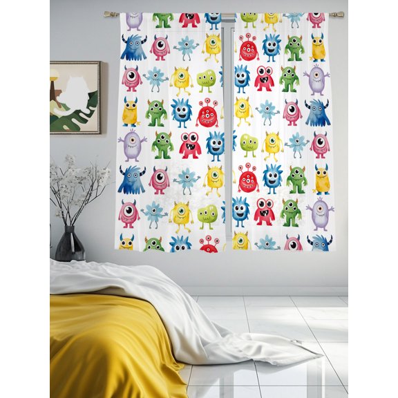 Abstract Cartoon Monsters Chiffon Sheer Curtains 63 Inches Long Seamless Colorful Cute Alien Rod Pocket Window Curtains Voile Drapes Curtains for Living Room Bedroom,2 Panels