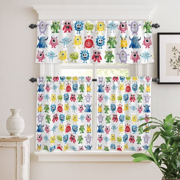 Abstract Cartoon Monsters Curtain Tier and Valance Set 3 Piece,Seamless Colorful Cute Alien 3-inch Rod Pocket Window Tier Curtains Valance for Kitchen Living Room