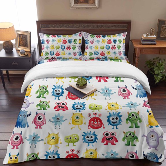Abstract Cartoon Monsters Queen Size Bed Set,Seamless Colorful Cute Alien Bedding for All Seasons,4 Pcs Bed Set,1 Quiltcover (90"x90"),1 Sheet (90"x102"),2 Pillowcases (20"x30")