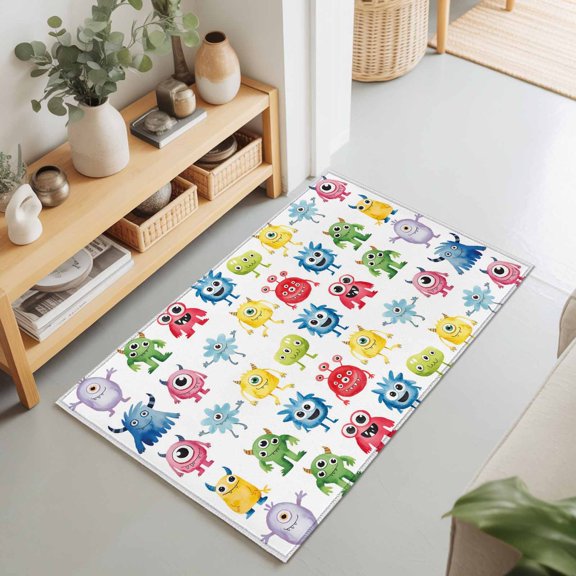 Abstract Cartoon Monsters Rectangle Area Rug 2x3ft,Living Room Rug Non-Slip Washable Circle Rugs Pad,Seamless Colorful Cute Alien Soft Floor Carpet for Bedroom Dining Room