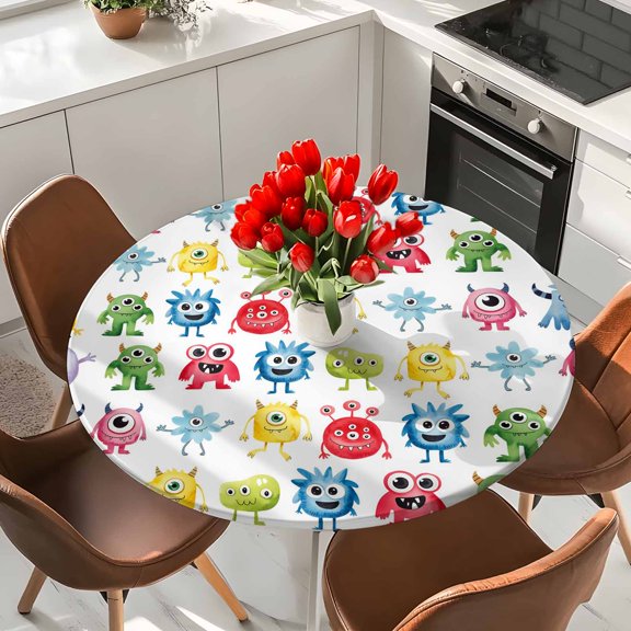 Abstract Cartoon Monsters Round Fitted Tablecloth with Elastic Edge,Waterproof Table Cloth Fits 36"-44" Tables,Wipeable Washable Table Cover for Indoor Outdoor Dinning,Seamless Colorful Cute Alien
