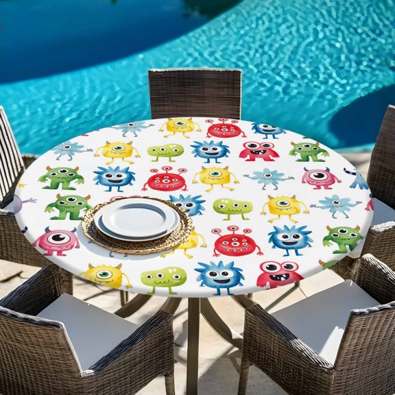 Abstract Cartoon Monsters Round Fitted Tablecloth with Elastic Edge,Waterproof Table Cloth Fits 45"-54" Tables,Wipeable Washable Table Cover for Indoor Outdoor Dinning,Seamless Colorful Cute Alien