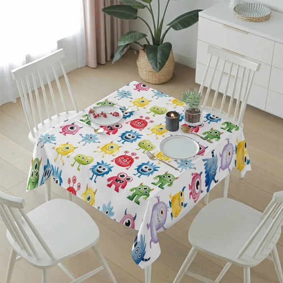 Abstract Cartoon Monsters Table Cloth 54x54in, Waterproof Square Tablecloth Wipeable Tablecloths Seamless Colorful Cute Alien Table Covers for Dining Tables Party Indoor Outdoor
