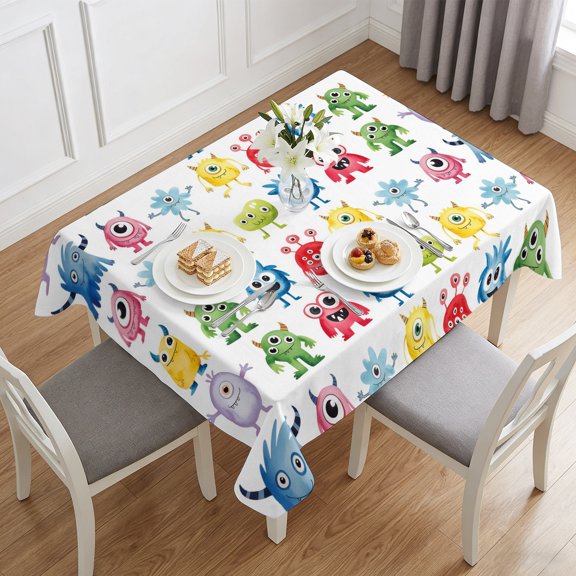 Abstract Cartoon Monsters Table Cloth 60x84in, Waterproof Rectangle Tablecloth Wipeable Tablecloths Seamless Colorful Cute Alien Table Covers for Dining Tables Party Indoor Outdoor