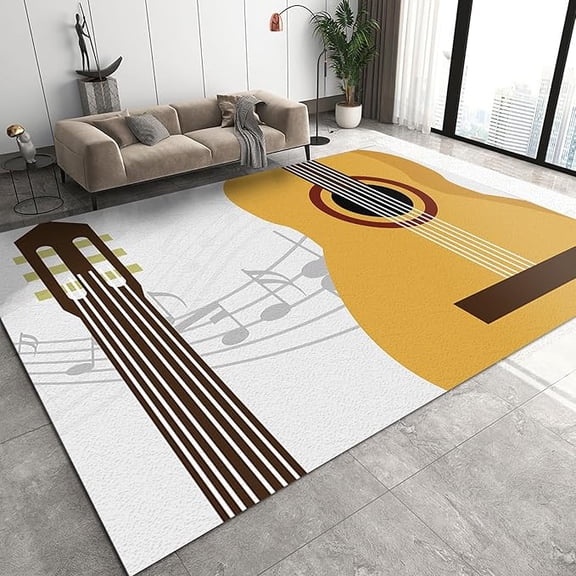 Abstract Cartoon Musical Instrument Guitar Washable Area Rug, Music Symbols Kids Rugs, Anti-Slip Easy Clean Durable Mat For Living Room Bedroom Gaming Room Hallway Classroom 3 x 4ft