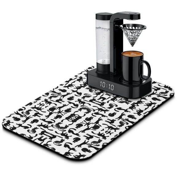 Abstract Cat Art Coffee Bar Mat - Cat and Moon Artwork Absorbent Non-Slip Mat for Coffee Machines