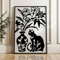 Abstract Cat Bird Botanical, Black & White Wall Art, Neutral Flower Vase Art, Floral Illustration Botanical Print Wall Art, Modern Wall Decor, 8x12 UNFRAMED