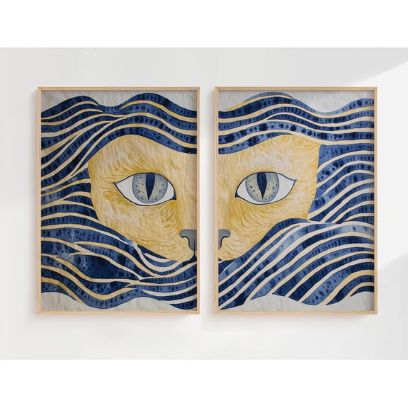 Abstract Cat Face Wall Art Set Striped Contemporary Feline Decor For Cat Lovers Set 2 Unframed Paper Print 8x12