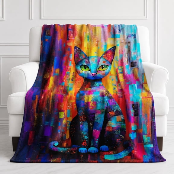 Abstract Cat Fleece Throw Blanket – Colorful Art Print, 280 GSM Soft Polyester, 4 Sizes