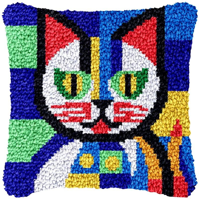 Abstract Cat Latch Hook Pillow Cover Kits for DIY Handmade Throw Pillow Cross Stitch Latch Hook Pillowcase Rug Kits with Preprinted Color Pattern Canvas Crochet Yarn Kits 17''X 17''(ch108)