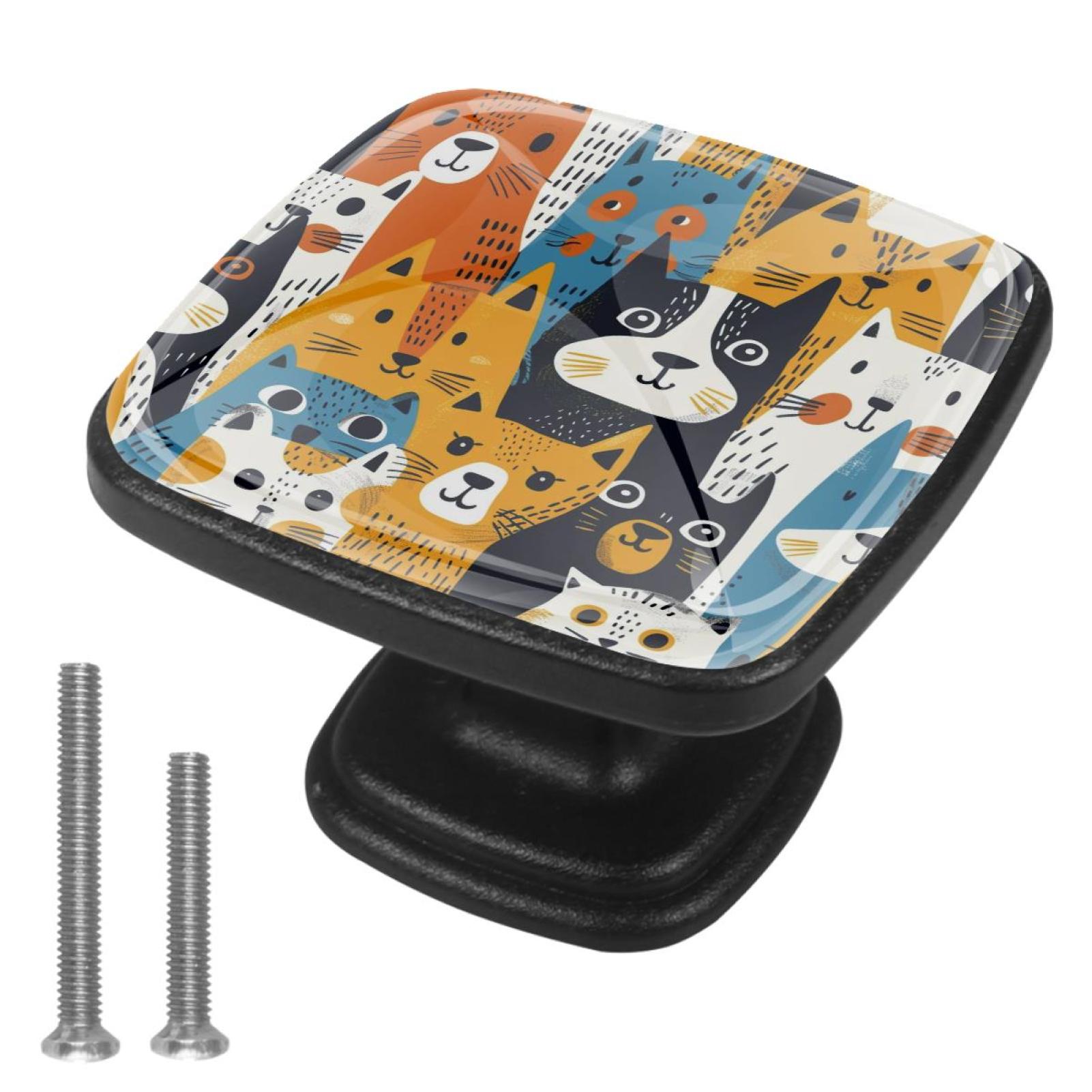 Abstract Cat Print 4 Pack Crystal Glass Clear Square Drawer