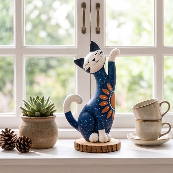 Abstract Cat Sculpture, Yoga Cat Figurine, 7.87*4.72*2.95 inch Resin Dancing Cat Statue for Home Office Shelf Table Decor