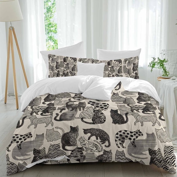 Abstract Cat Vintage Comforter Set Queen Size, Geometric Wave Dot Line Cat Memphis Art Soft Bedding Set for Man Woman, 4 Pieces Duvet Cover Set with Fitted Sheet, 2 Pillowcases