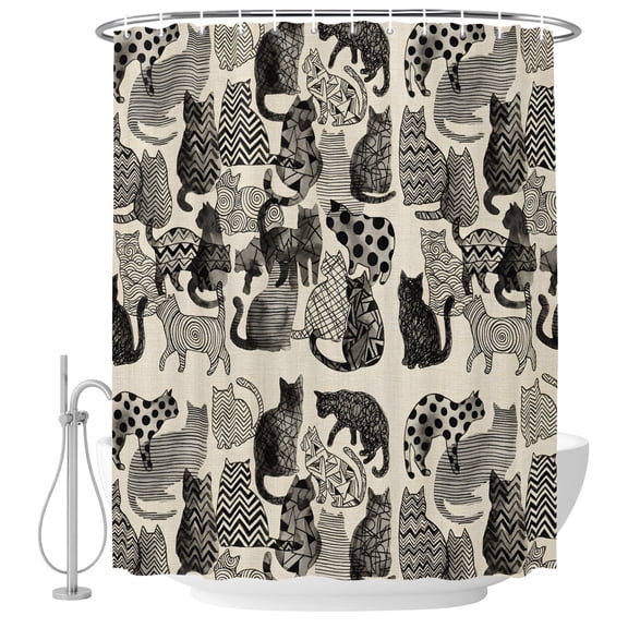 Abstract Cat Vintage Shower Curtain Set with Hooks, Geometric Wave Dot Line Cat Memphis Art Water Repellent Shower Curtains for Bathroom Decor Sturdy Shower Curtain, Machine Washable 36x72 Inch