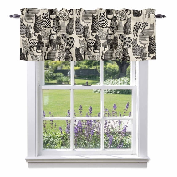 Abstract Cat Vintage Valances for Windows Geometric Wave Dot Line Cat Memphis Art Rod Pocket Light Filtering Short Window Treatments Curtains for Kitchen Bathroom Bedroom, 1 Panel, 42 x 12 Inch