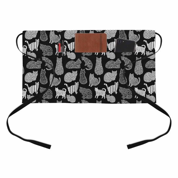 Abstract Cats Kitchen Restaurant Half Waist Apron, Black Gray Striped Cat Modern Style Animal Server Short Apron with 3 Pockets Waterproof Oil Waist Aprons for Women Waitress Waiter