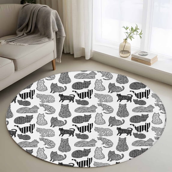 Abstract Cats Round Living Room Rugs 4 ft, Gray Black Striped Cat Animal Modern Style Washable Area Rug with Non-Slip Sturdy Edge Binding Round Carpet for Entryway Kitchen Bedroom Bathroom