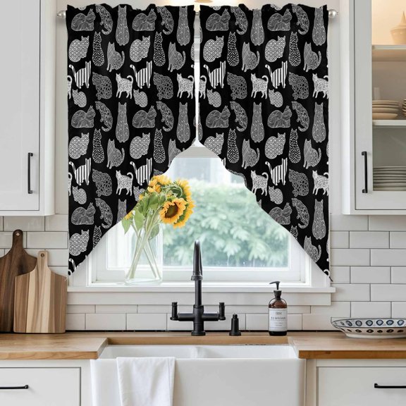 Abstract Cats Swag Curtain Valance for Windows, Black Gray Striped Cat Modern Style Animal Window Treatments Short Swag Topper for Kitchen Windows Bathroom Bedroom, 28"x36"