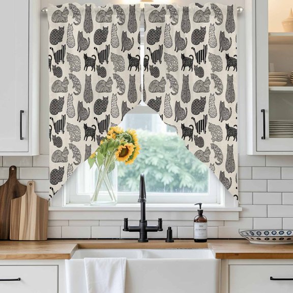 Abstract Cats Swag Curtain Valance for Windows, Vintage Gray Black Striped Cat Animal Modern Style Window Treatments Short Swag Topper for Kitchen Windows Bathroom Bedroom, 28"x36"
