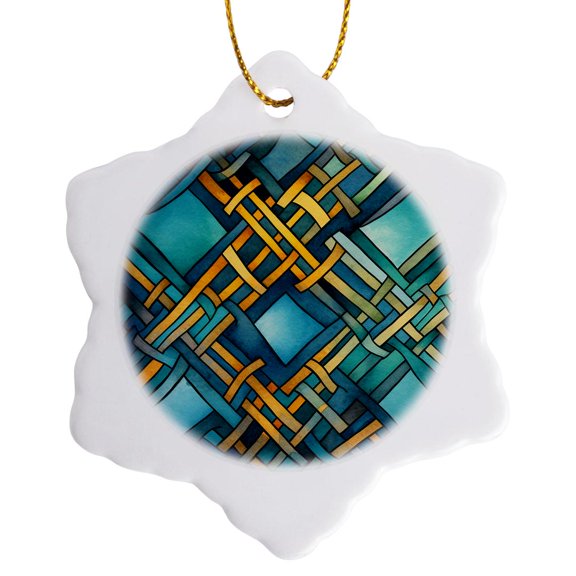 3drose, Abstract Celtic Pattern of Yellow, Turquoise Colors, Modern Art, 3 inch Snowflake Porcelain Ornament