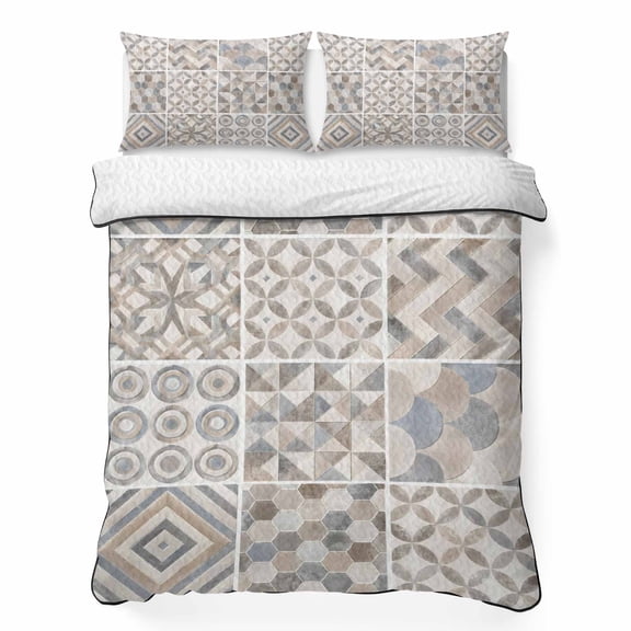 Abstract Ceramic King Quilt Bedding Set, Sandy Beige Bohemian Concentric Circles Chevron Lightweight Comforter with 2 Pillow Shams Bedroom Bedspread Set Home Decor for All Seasons