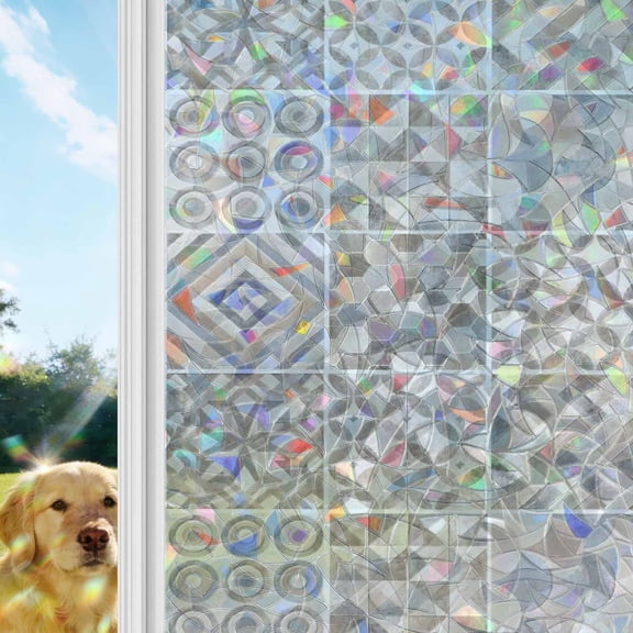 Abstract Ceramic Rainbow Window Privacy Film, Sandy Beige Bohemian Concentric Circles Chevron Stained Glass Window Film, Sun Blocking Glass Clings Non Adhesive Door Stickers 17.7 x 39.3 Inches