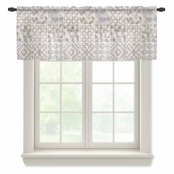 Abstract Ceramic Sheer Valances for Windows, Sandy Beige Bohemian Concentric Circles Chevron Semi Sheer Kitchen Valance Rod Pocket Small Voile Window Curtains for Living Room Bedroom 42 x 12 Inch