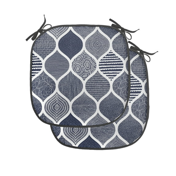 Abstract Chair Seating Cushion Set of 2, Vertical and Horizontal Shapes Stripes and Dots Dashes Mix Pattern, Seat Pads for Office with Anti-slip Backing, 16"x16", Indigo and White, by Ambesonne