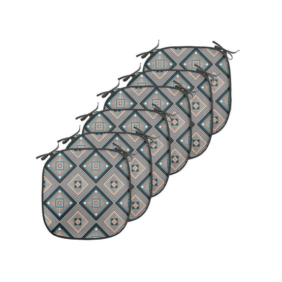 Abstract Chair Seating Cushion Set of 6, Nested Geometric Shapes with Stripes, Seat Pads for Office with Anti-slip Backing, 16"x16", Indigo Salmon, by Ambesonne