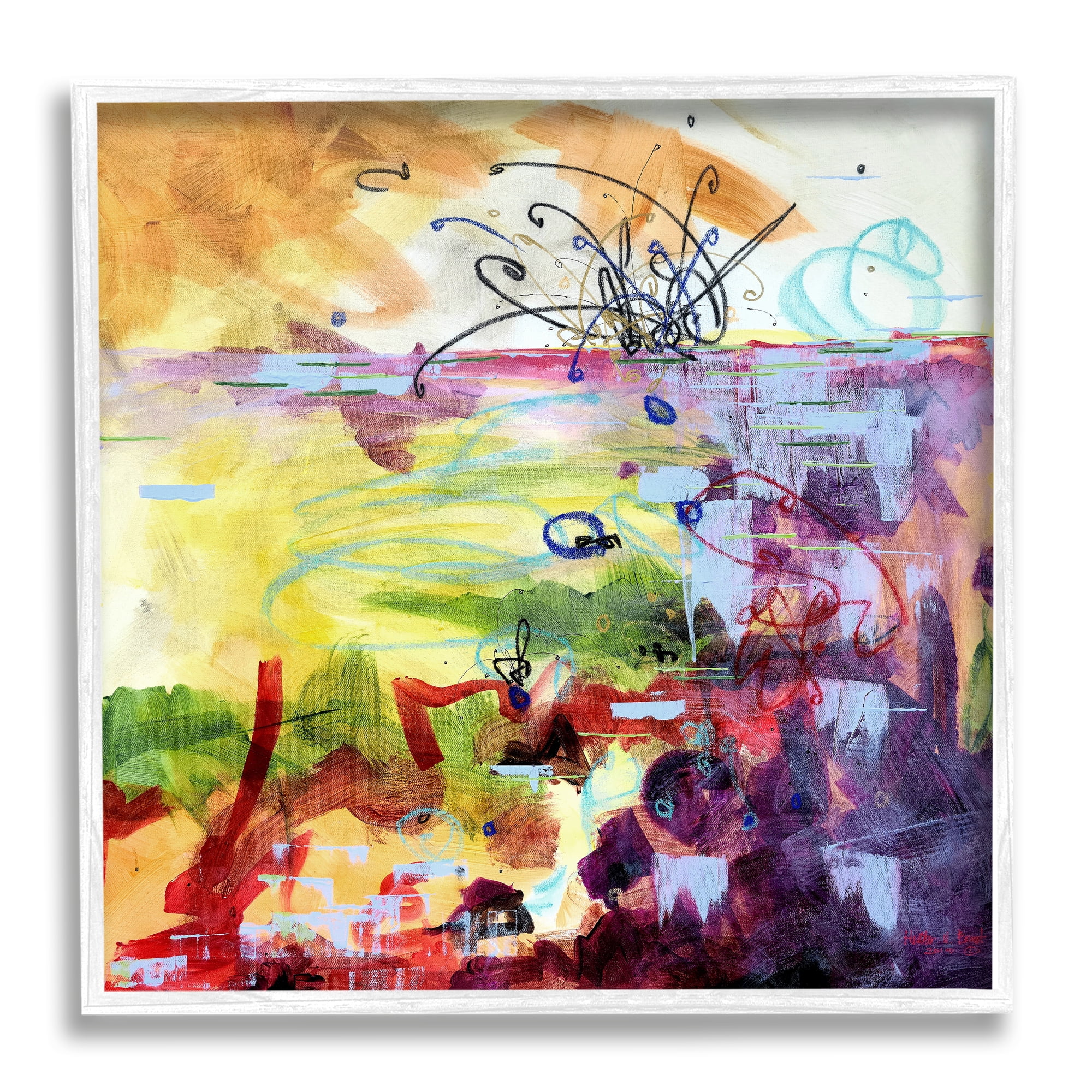 Abstract Chaos Lively Line Movements Purple Orange Yellow Abstract Painting Framed Art Print Wall Art