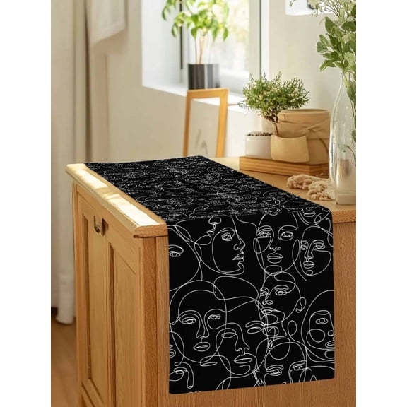 Abstract Character Face Modern Line Arts Table Runner 36 Inches Long,Kitchen Dining Tablerunners Black White Linen Table Runners Dresser Scarves for Home Dinner Wedding Holiday Party Decor