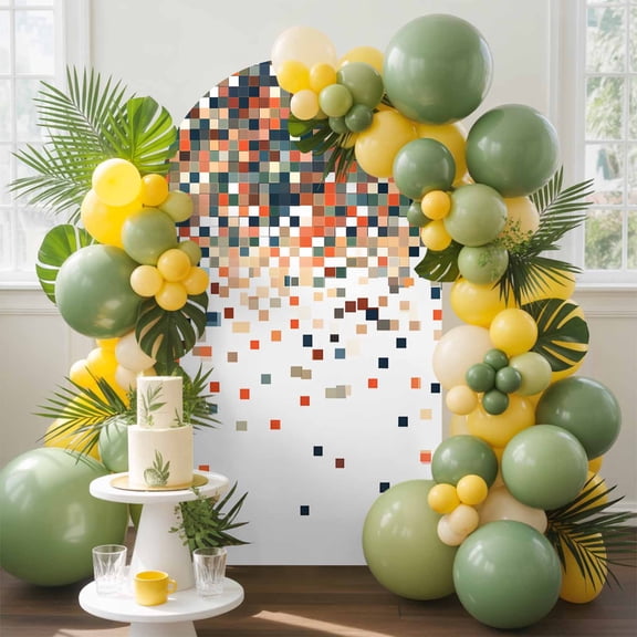 Abstract Check Texture Arch Backdrop Cover, 6FT, Orange Green White Check Spandex Arch Covers Double-Sided Backdrop for Wedding Birthday Party Photo Background Decoration