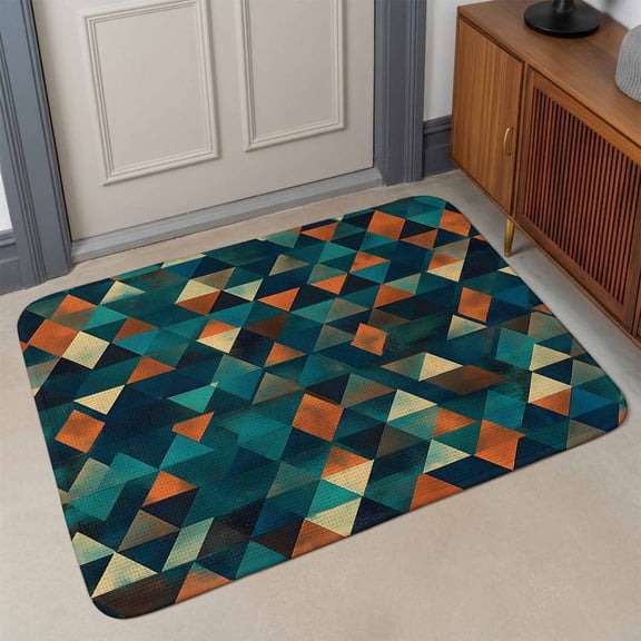 Abstract Check Texture Front Door Mat Indoor Entrance, Orange Green Blue Check Absorbent Dirt Resist Welcome Mats Non-Slip Low-Profile Doormat Washable Entry Rug Indoor Outdoor 17x30 Inch
